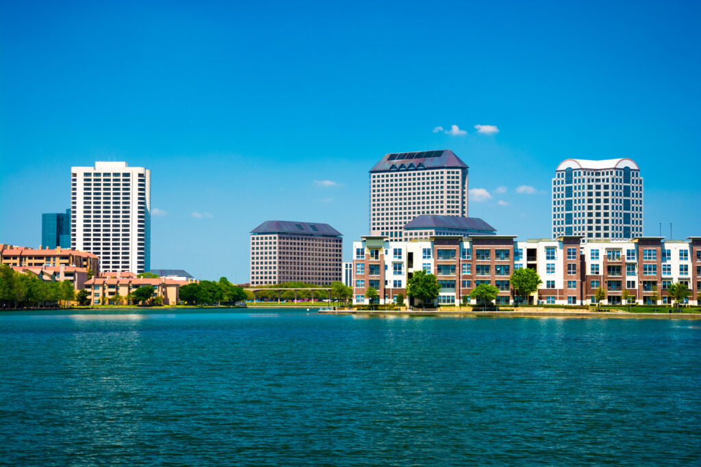 Skyline of the Las Colinas area of Irving, Texas with Lake Carolyn in the foreground