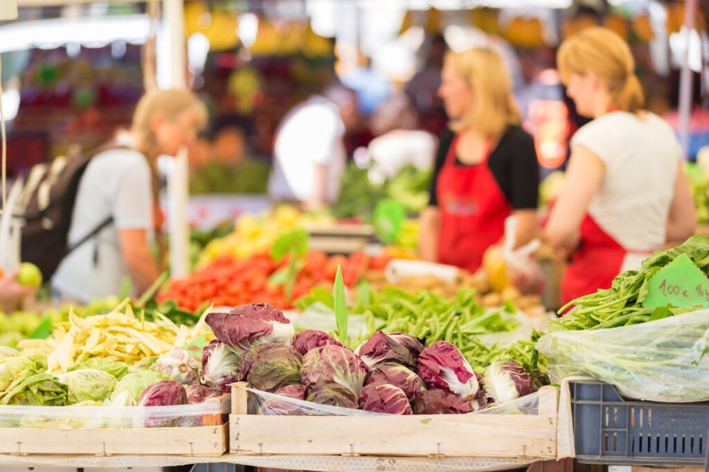 Farmers' market stall with variety of organic vegetable