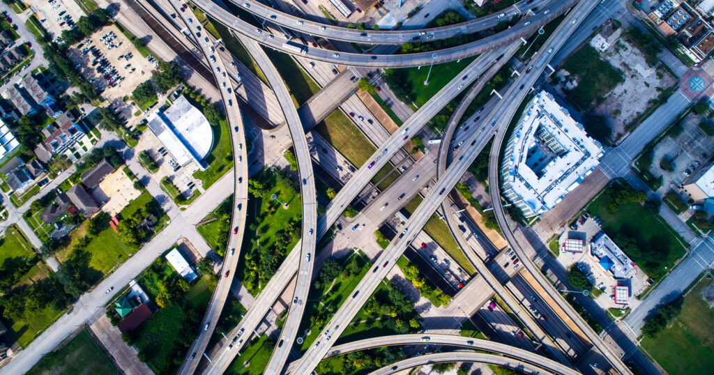 Houston Texas drone view highways and interchanges above intersections