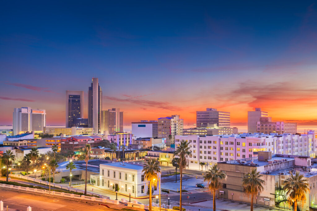 Corpus Christi, Texas, USA downtown skyline at dusk.